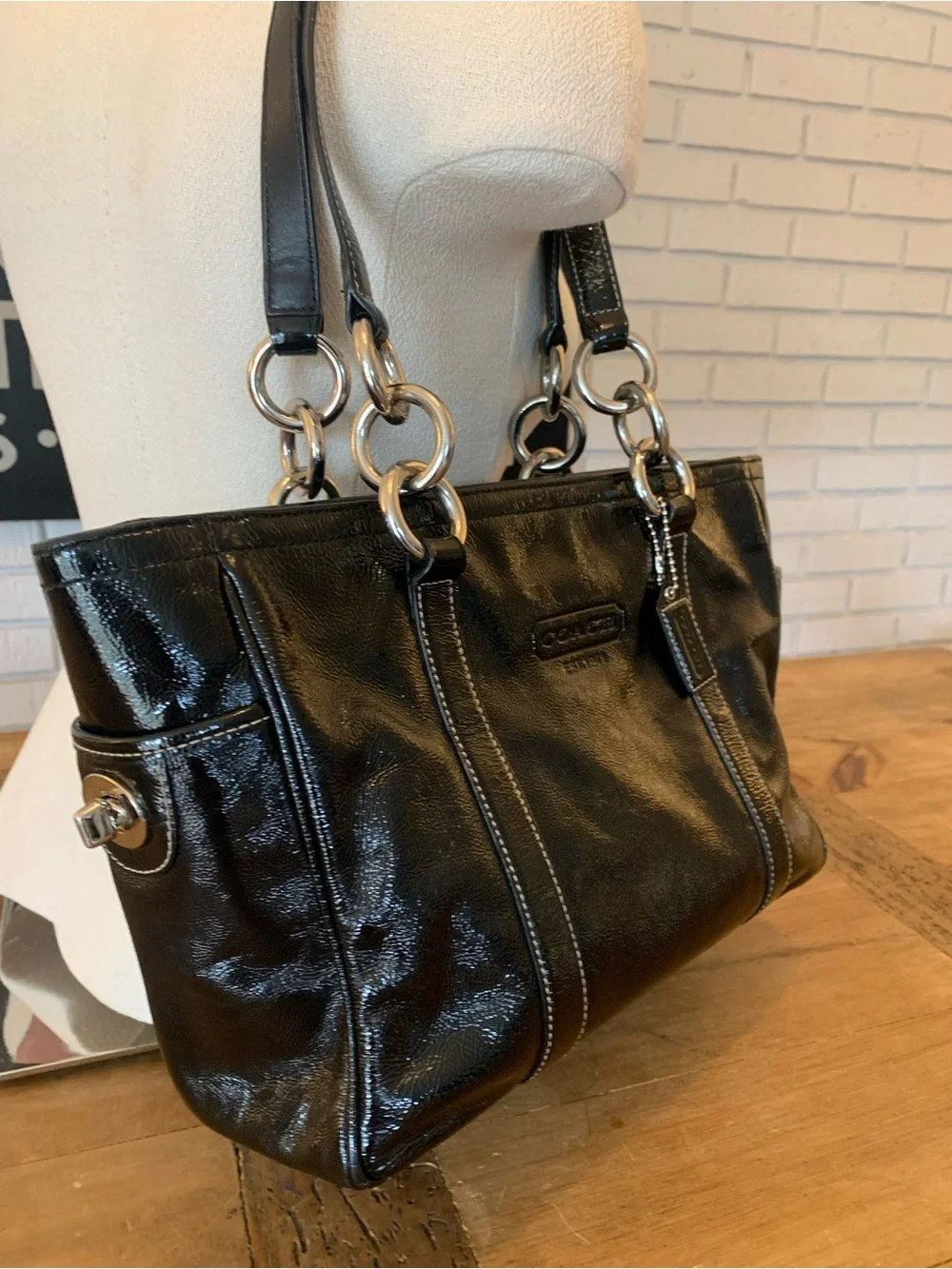 Coach Black Patent Leather Shoulder Bag with Silver Hardware